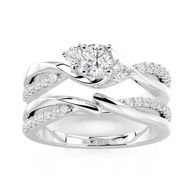 Jeulia Twist Bypass Three Stone Pave Engagement Ring Set