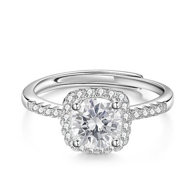 Jeulia Anillo de Compromiso con Halo Redondo Medio Eternidad Engaste Pavé de Plata de Ley