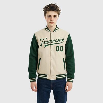 Custom Cream Green Full-Snap Varsity Two Tone Letterman Jacket – Ideal for College Club Events