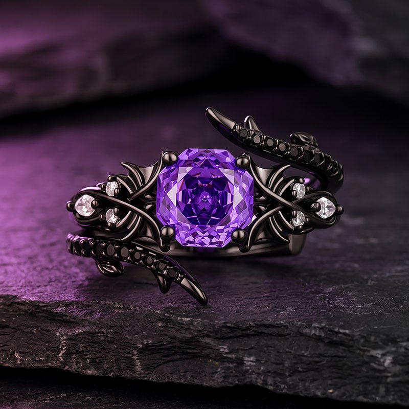 Jeulia Until Death Purple Rose Cut Bat Wing Bridal Ring Set