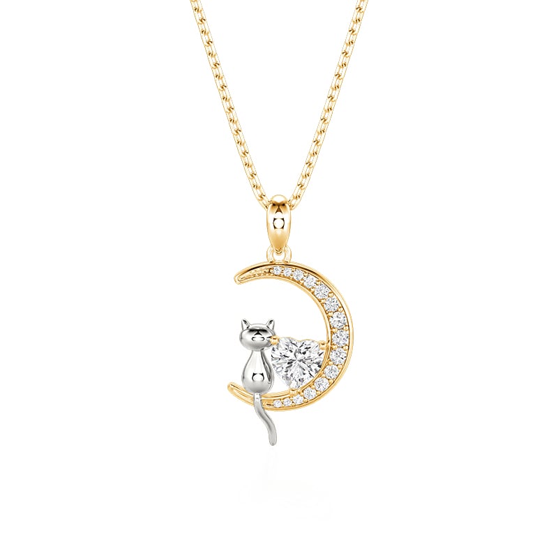 Jeulia Colgante Gato Luna Dorada de Plata de Ley