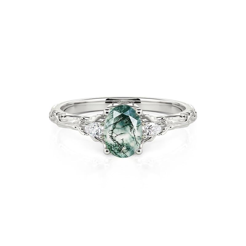 Jeulia Three Stone Moss Agate Wedding Ring