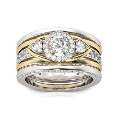 Jeulia Three Stone Round Cut Sterling Silver Ring Set