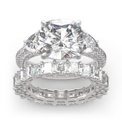 Jeulia Three Stone Cushion Cut Sterling Silver Ring Set