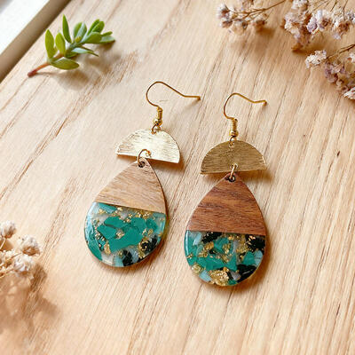 Captivating Handmade Earrings – Unique Green Resin & Wood Design with Gold Foil Accents