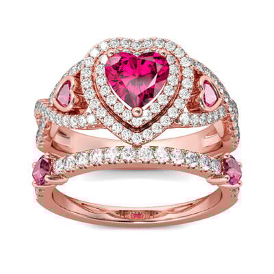Jeulia Conjunto De Anillo Con Todo Rosa Dorado De Talla Cordiforme En Plata De Ley