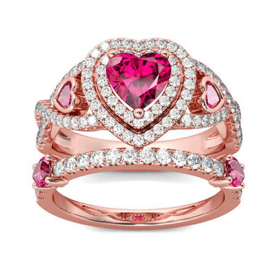 Jeulia Rose Gold Tone Heart Cut Sterling Silver Ring Set