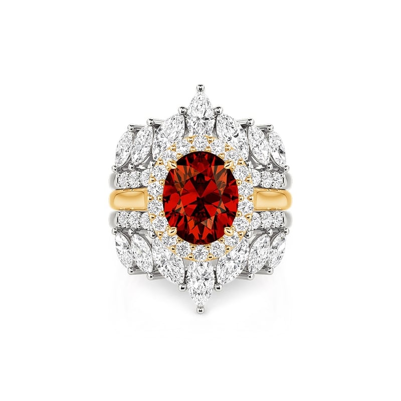 Jeulia Juego de Anillos Halo Ovalado Piedra Roja Precioso con Tres Piezas