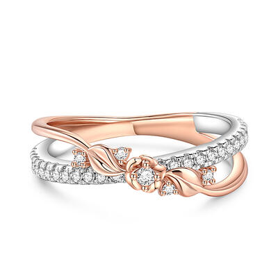 Jeulia Cross Design Rose Gold Two Tone Clashing Flower Ring Sterling Silver