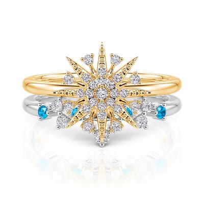Jeulia Luna Astra Two Tone Starburst Puzzle Ring Set Sterling Silver