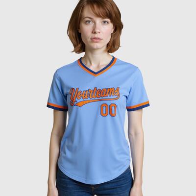 カスタマイズ ロゴ 名入れ チームネーム 背番号入り Vネック ブルー 野球ウェア Tシャツ 半袖