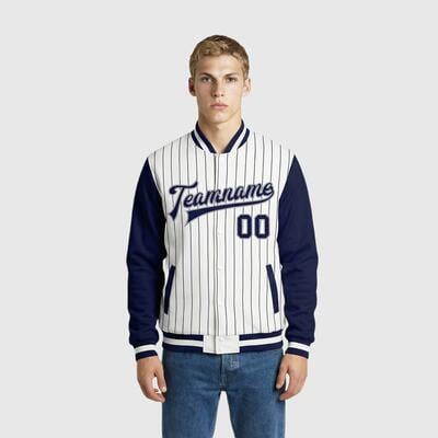 Custom White Navy Pinstripe Full-Snap Varsity Letterman Jacket Ideal for Brunch Dates with Friends and Weekend Errands