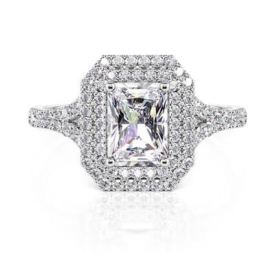 Jeulia Classic Double Halo Radiant Cut Engagement Ring Sterling Silver
