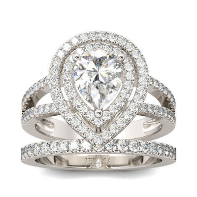 Jeulia Double Halo Pear Cut Sterling Silver Ring Set