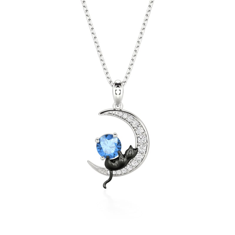Jeulia Custom Black Cat Moon Necklace with Round Birthstone