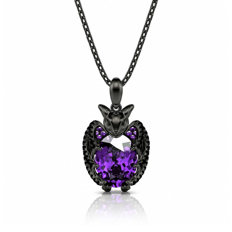 Jeulia Hug Me "Kiss the Night" Black Bat Oval Cut Sterling Silver Necklace