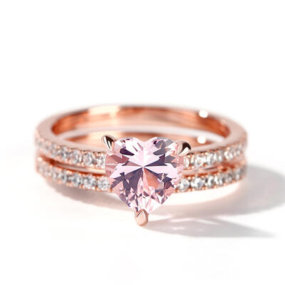 Jeulia Pink Heart Cut Synthetic Morganite Sterling Silver Ring Set
