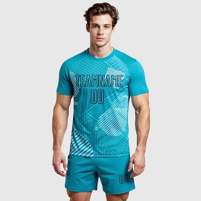 Custom Aqua Black Lines Sublimation Soccer Uniform Jersey