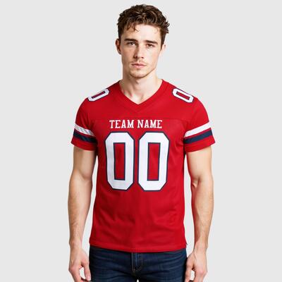 Red Custom Football Jersey Premium moisture-wicking fabric with laser-cut ventilation zones and custom heat-pressed numbering