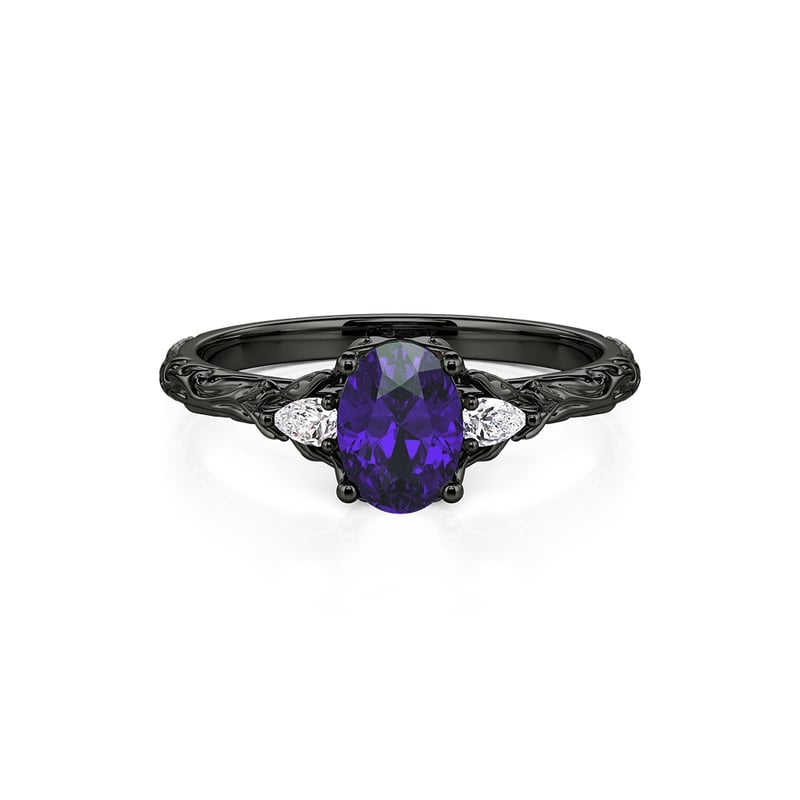 Jeulia Anillo de Compromiso Negro Gótico Tres Piedras Ovalado Púrpura