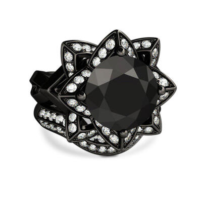 Jeulia Lotus Halo Round Cut Sterling Silver Ring Set