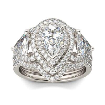 Jeulia Double Halo Pear Cut Sterling Silver 3PC Ring Set