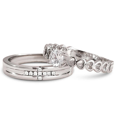 Jeulia Conjunto De Anillos Grabados Con Dos Tonos De Acero Titanio Para Pareja