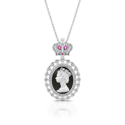 Jeulia "To Honour" Queen Elizabeth Portrait Black Enamel Sterling Silver Necklace