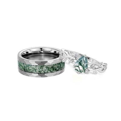 Jeulia Nature Inspired Moss Agate Couple Rings Set