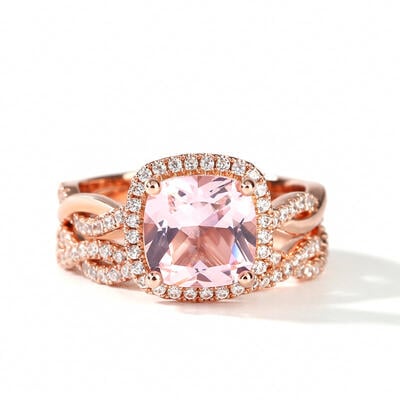 Jeulia Twist Halo Cushion Cut Synthetic Morganite Sterling Silver Ring Set