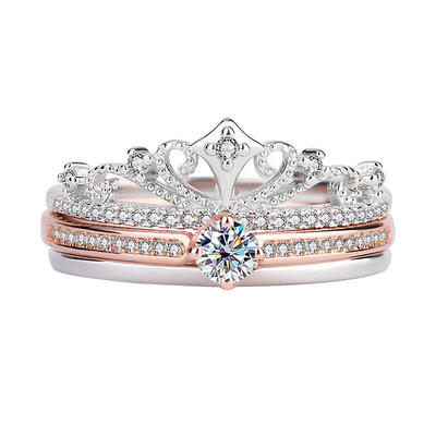 Jeulia Two Tone Fireworks Crown Eternity Wedding Ring Set