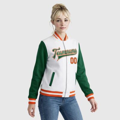 Custom Green-White Two Tone Full-Snap Letterman Jacket – Ideal for Campus Classes and Club Activities