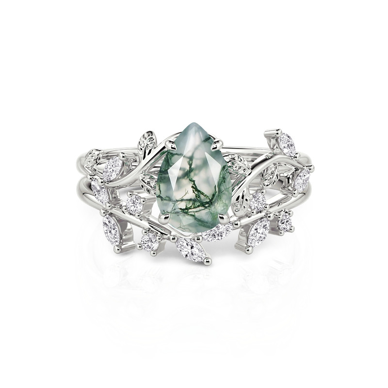 Jeulia Intertwined Leaf Pear Shaped Moss Agate Ring Set