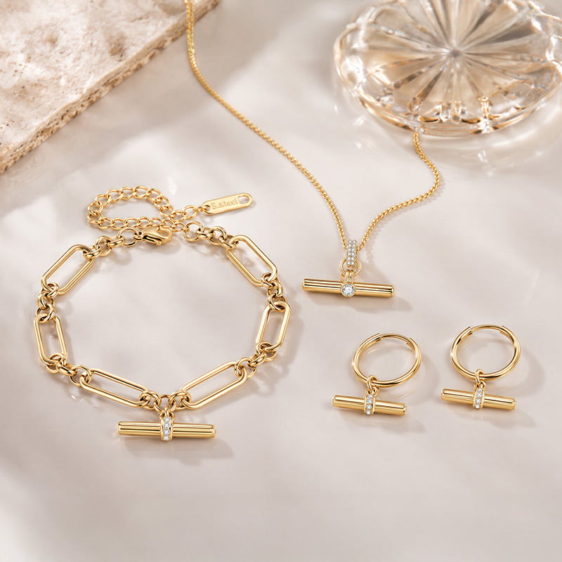 Jeulia Andy Style Gold T-Bar Necklace Bracelet Earrings Set