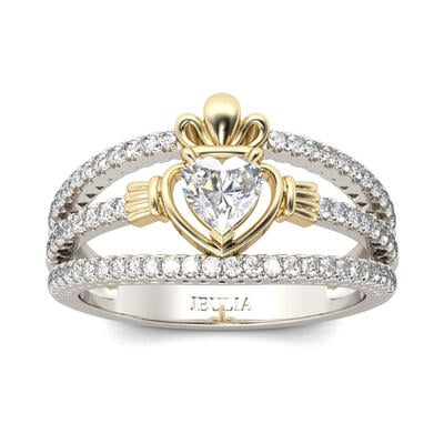 Jeulia Two Tone Heart Cut Claddagh Sterling Silver Ring