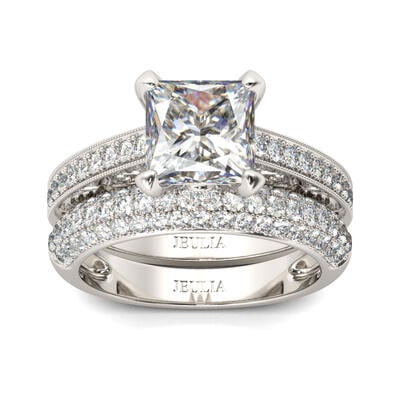 Jeulia Classic Princess Cut Sterling Silver Ring Set