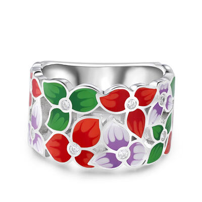 Jeulia "Sea of Flowers" Flower Enamel Sterling Silver Women's Band