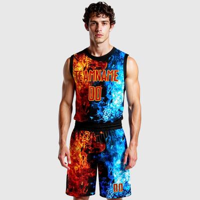 Custom Figure Red-Gold Flame Round Neck Sublimation Basketball Suit Jersey