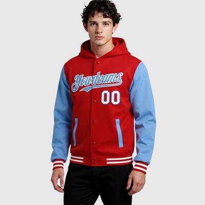 Custom Red Light Blue Full-Snap Varsity Letterman Two Tone Hoodie Jacket for Campus Life