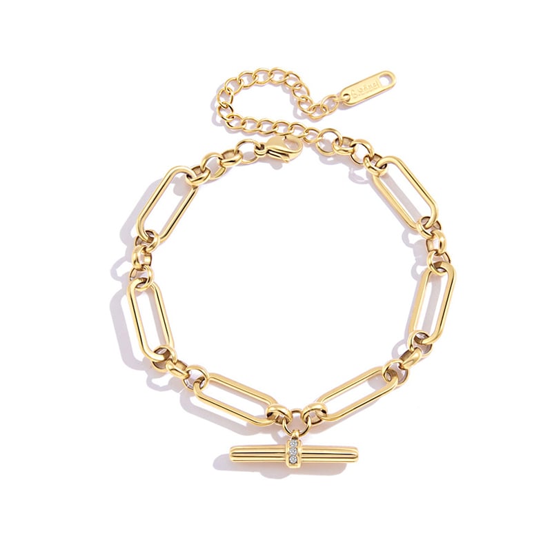 Jeulia "Andy" Style Classic Gold T-Bar Paperclip Bracelet