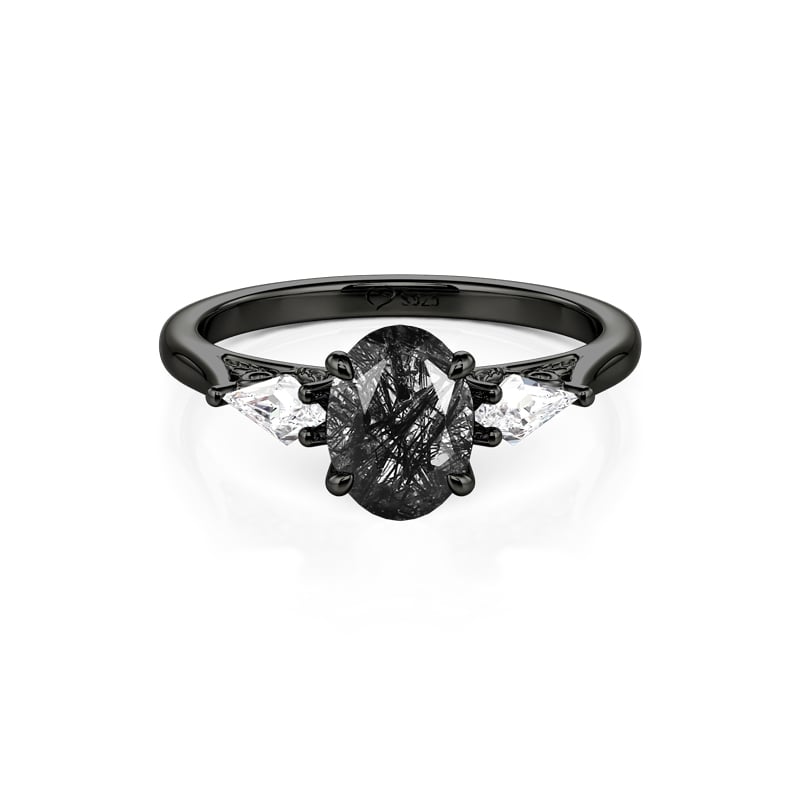 Jeulia Gothic Oval Black Rutilated Quartz Three Stone Ring