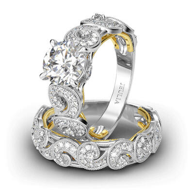 Jeulia Vintage Scrollwork Round Cut Sterling Silver Ring Set