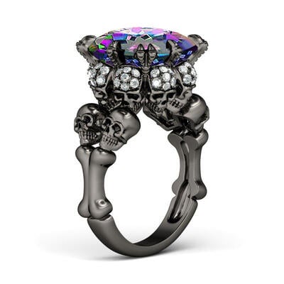 Jeulia Black Tone Princess Cut Sterling Silver Skull Ring