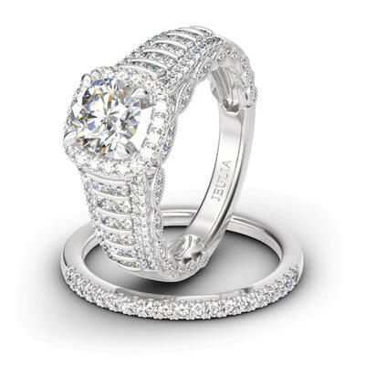 Jeulia Sparkling Halo Round Cut Sterling Silver Ring Set