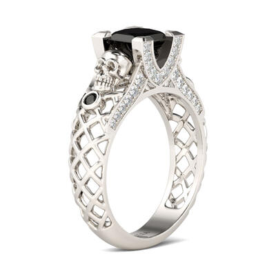 Jeulia Hollow Princess Cut Sterling Silver Skull Ring