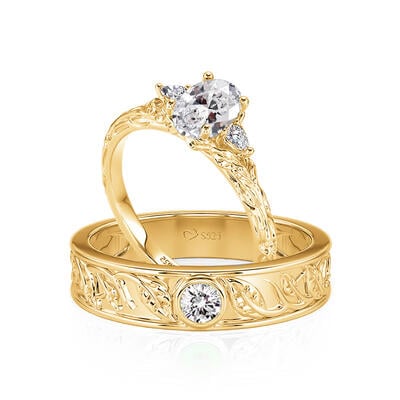 Jeulia Nature Inspired Leaf-Engraved Gold Couple Rings Set