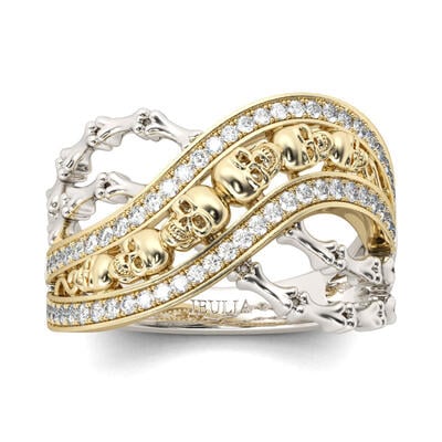 Jeulia Two Tone Crossover Sterling Silver Skull Ring