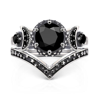 Jeulia Dark Moon and Star Aged Ring Set