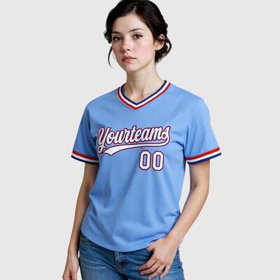 Custom Light Blue V-Neck Baseball Jersey with Personalized Number and Logo Perfect for Sports Events