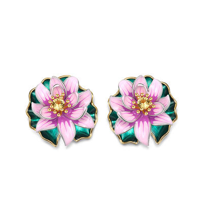 Jeulia "Lotus Flowering" Water Lilies Inspired Enamel Sterling Silver Earrings